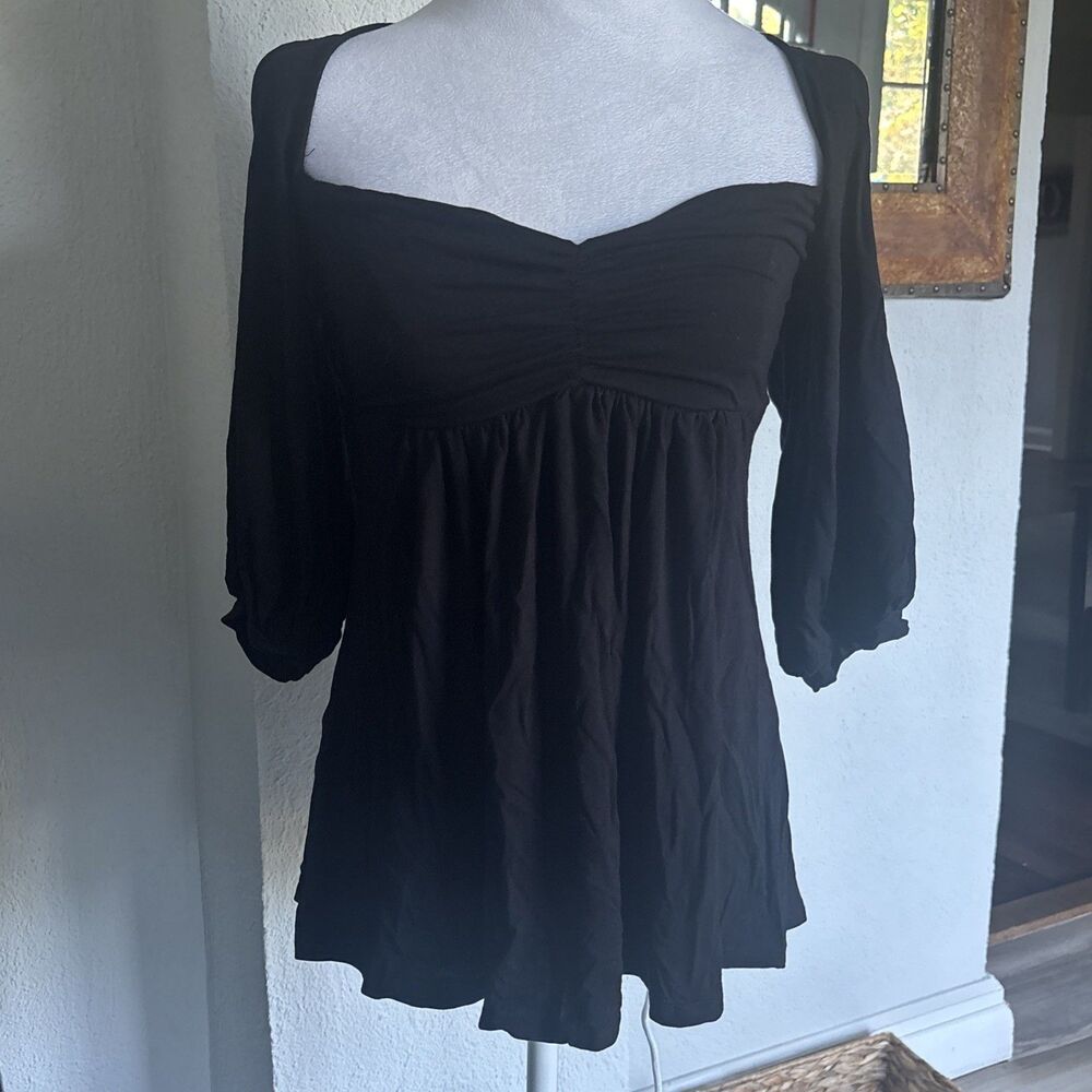 Vintage Y2K Arden B Black Empire Waist Babydoll Top Open Back Puff Sleeve M